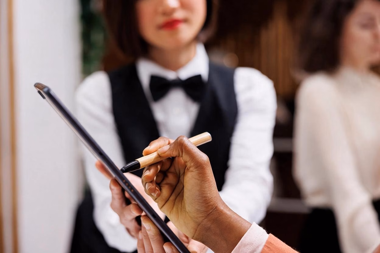 Event staff taking notes on a tablet with a uniformed server in a vest and bow tie nearby
